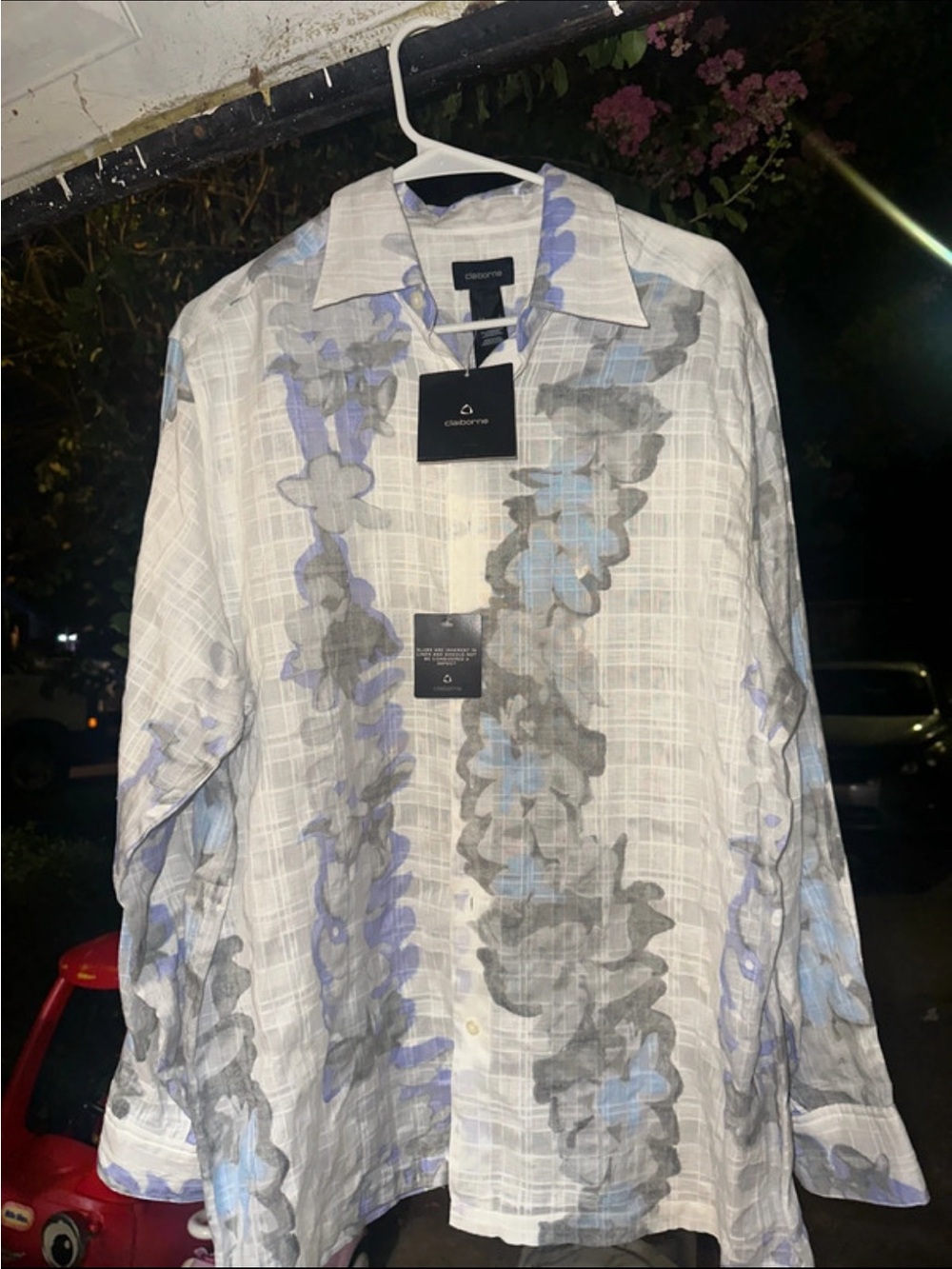 Claiborne White Button-Down Shirt with Gray and Light Blue Floral Stripes